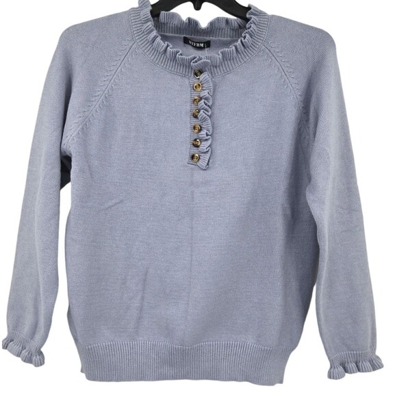 BTFBM Womens Sz M  Sweater Grayish Blue Ruffle Trim Buttons Knit Pullover - Picture 1 of 6